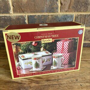 Spode Christmas Tree Poinsettia 5 Piece Mug Coaster Storage Tin Gift Set NEW